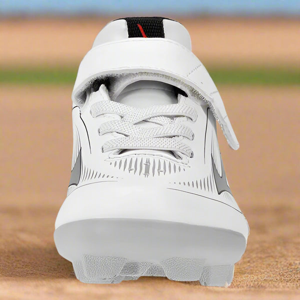 Front view of the Mizuno Cushionrevo Diamond Youth Molded Baseball Cleat - White/Black