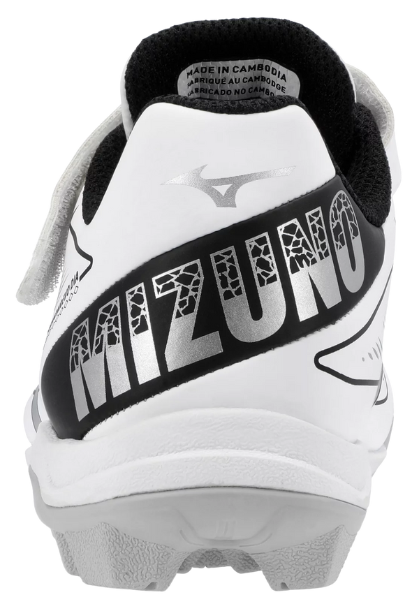 Rear view of the Mizuno CushionRevo Diamond Youth Baseball Molded Cleat - White/Black