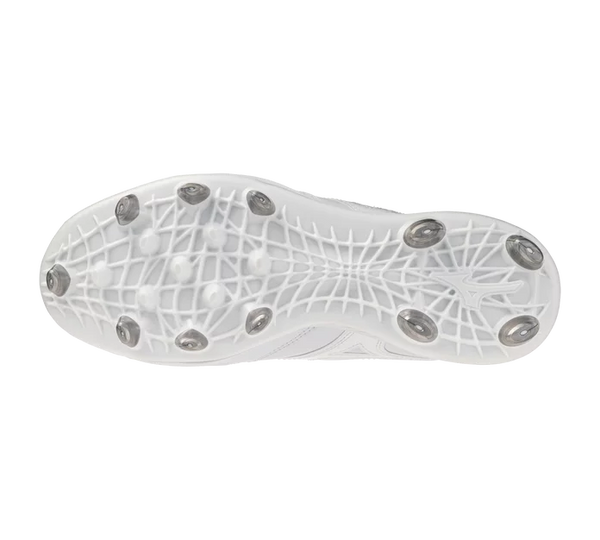 View of the sole of the Mizuno Pro Select Fastpitch TPU Molded Cleat - White