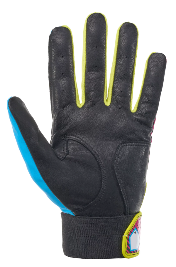 Palm view of the Mizuno MVP Adult Batting Glove - New - Shocking Pink/Blue Curacao