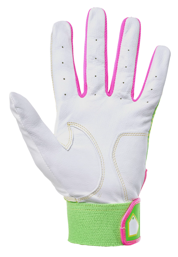 Palm view of the Mizuno MVP Adult Batting Glove - New - Green/Pink