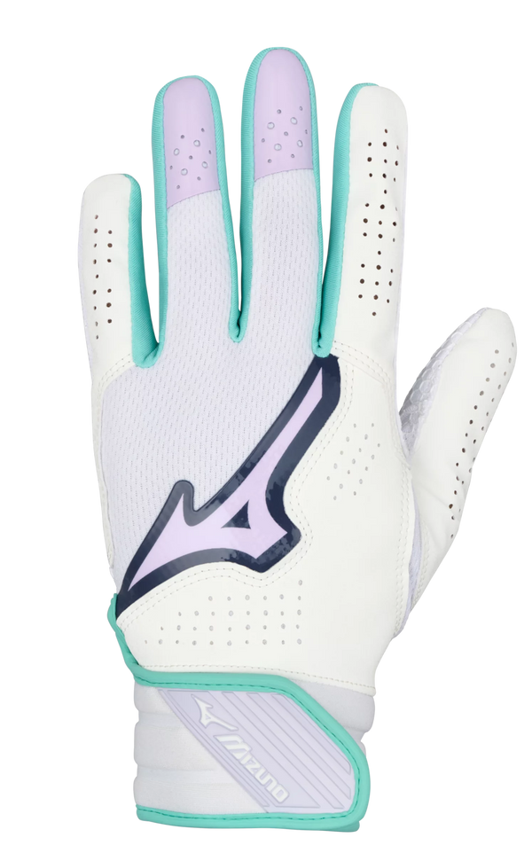 Backhand view of the Mizuno Finch Adult Fastpitch Batting Glove - White/Lavender
