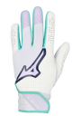 Backhand view of the Mizuno Finch Adult Fastpitch Batting Glove - White/Lavender