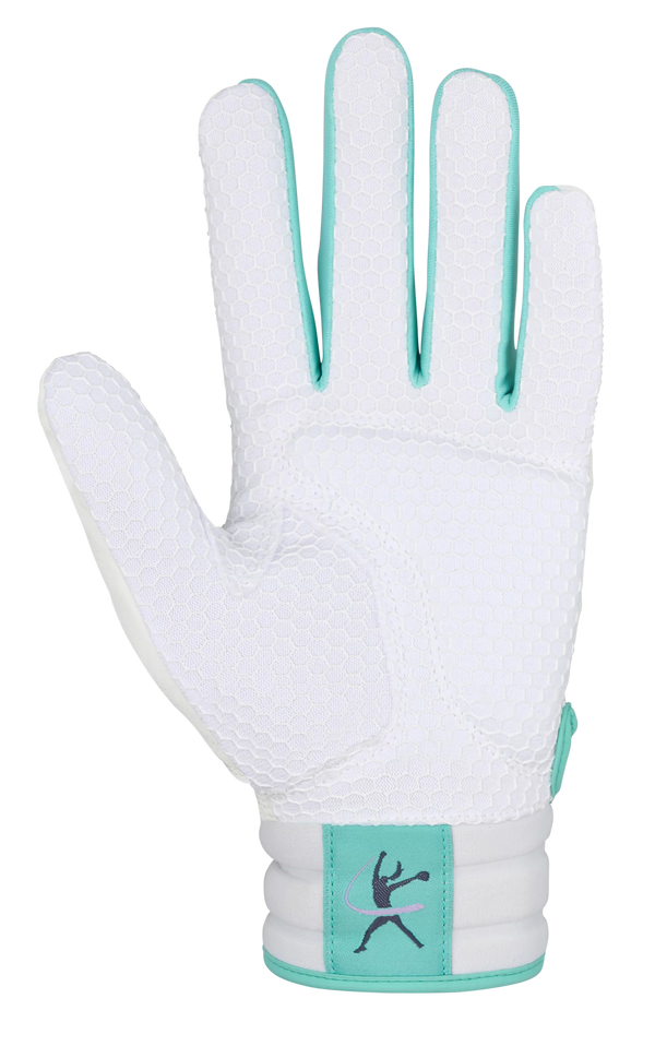 Palm view of the Mizuno Finch Adult Fastpitch Batting Glove - White/Lavender
