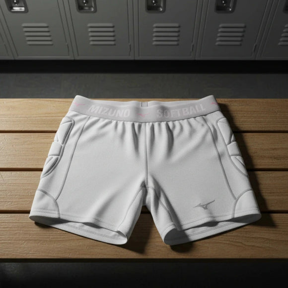 Front view of the Mizuno Women's and Girl's RB Shield Padded Fastpitch Sliding Short - White