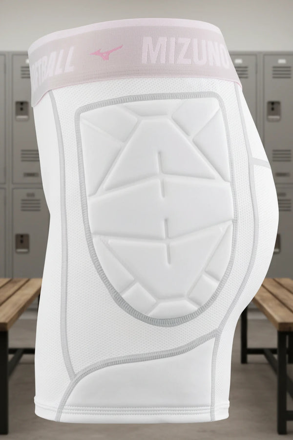 Side view of the Mizuno Women's and Girl's RB Shield Padded Fastpitch Sliding Short - White