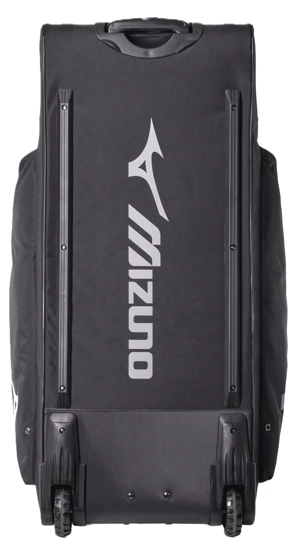 View of the wheels and undercarriage of the Mizuno Shogun Wheeled Bag