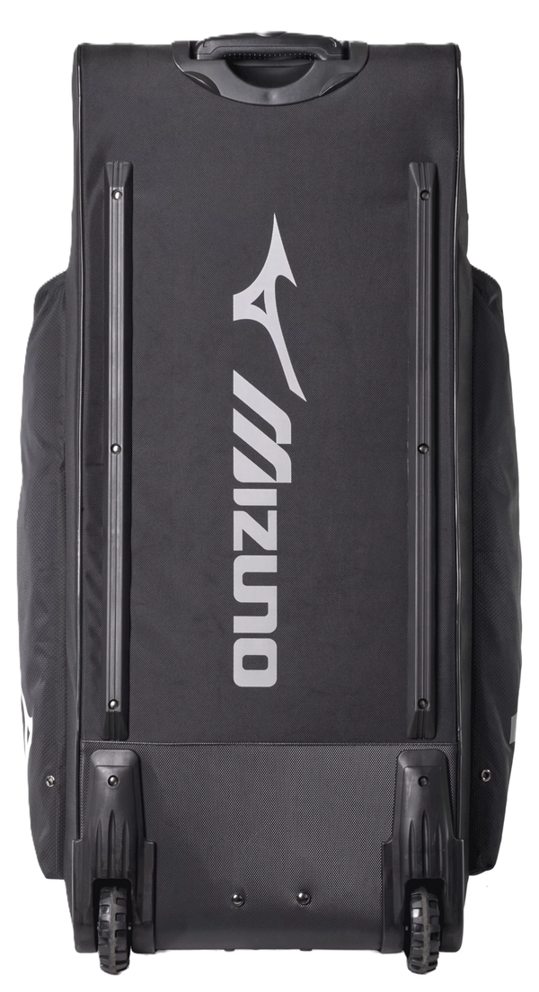 View of the wheels and undercarriage of the Mizuno Shogun Wheeled Bag