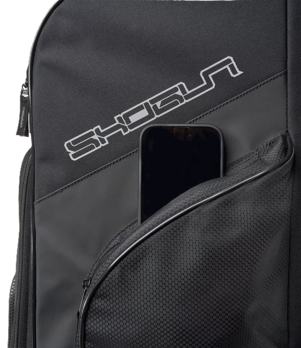 Close-up view of the accessories pocket on the Mizuno Shogun Wheeled Bag