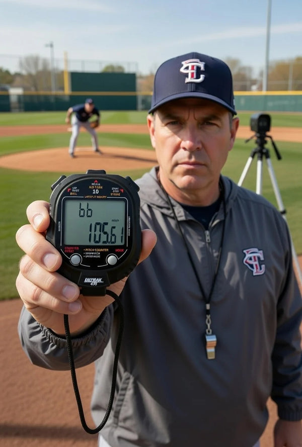 Coach demonstrating the Ultrak 435 Pitch Counter with Strike Pct./Pitch Speed Monitor - 10 Memory Stopwatch