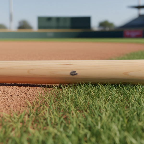 Close-up of the ink dot certification on the Victus Pro V Cut Gloss Maple Wood Baseball Bat - Natural/Gloss Black