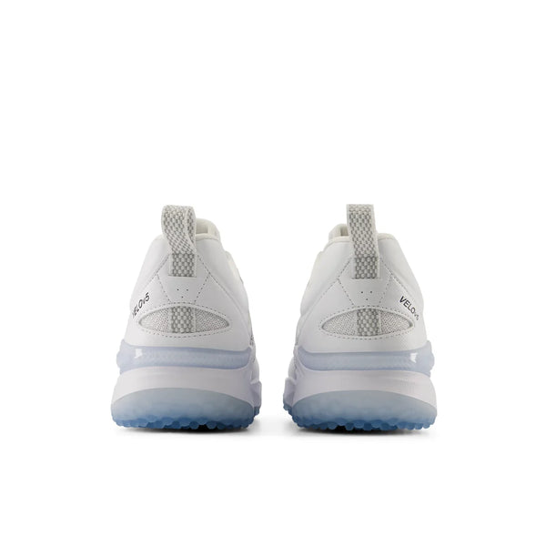 Rear view of the New Balance Velo v5 Women's Turf-Trainer Shoe - White/Metallic Silver
