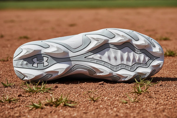 View of the sole of the Under Armour Leadoff Icon Low RM Jr. Youth Molded Cleat - Gray