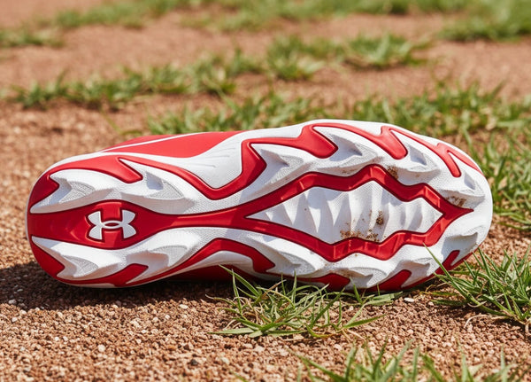 View of the sole of the Under Armour Leadoff Icon Low RM Jr. Youth Molded Cleat - Red