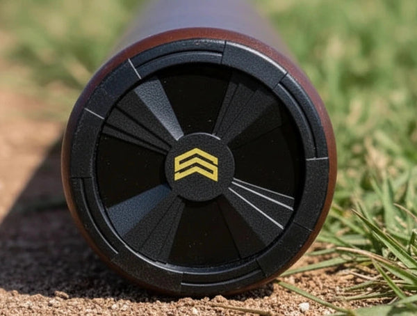 Close-up of the end cap on the 2026 Soldier Sports Tank3 Designer Alloy BBCOR -3 Baseball Bat