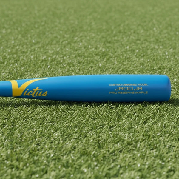 Close-up of the barrel of the Victus Pro Reserve Julio Rodriguez JROD JR Maple Wood Youth Baseball Bat - Flat Red/Flat Columbia