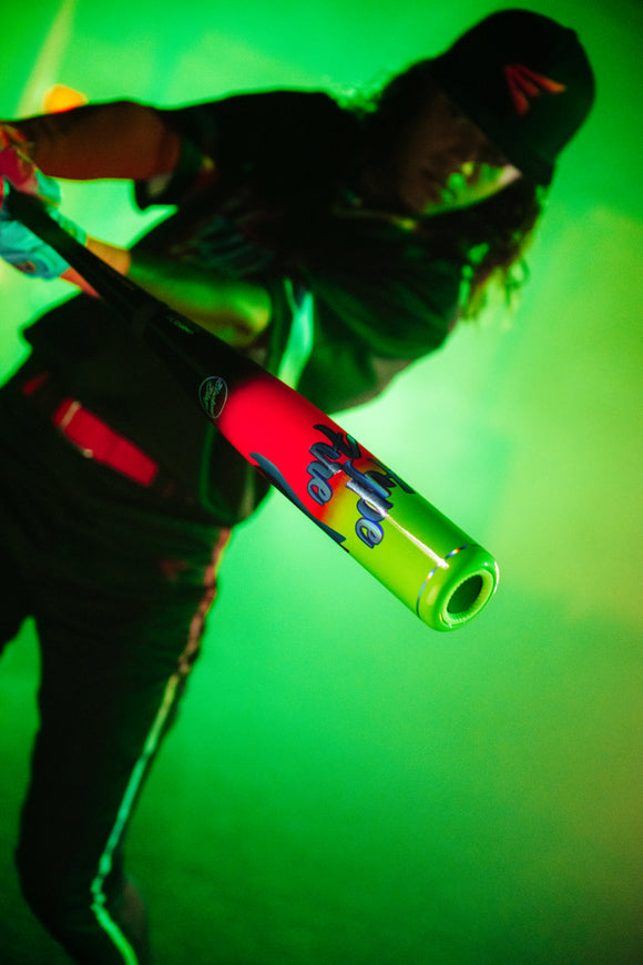 Player swinging the 2027 Easton Hype Fire USSSA Baseball Bat in a neon-lit setting