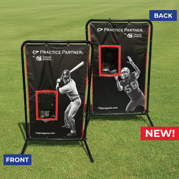 Practice Partner™ Dual Sport Canvas Catcher, showing both the baseball and football sides