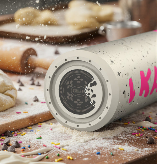 Close-up of the end cap on the 2026 Combat MFG Cookie Jar "Cookies & Cream" Spec-H1 Hybrid -3 BBCOR Baseball Bat