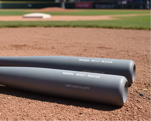 Close-up of the barrels of two Chandler MT27 Maple Wood Bats - Clear/Palladium