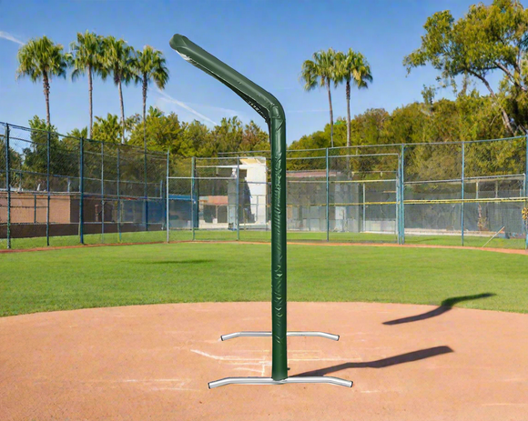 Side view of the Bullet Fastpitch Softball Screen with Overhead Protector (8' x 4') - Dark Green