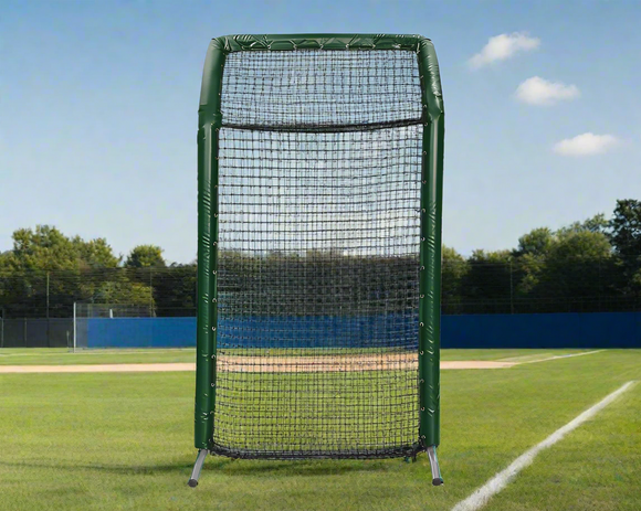 Front view of the Dark Green Bullet Fastpitch Softball Screen with Overhead Protector (8' x 4')