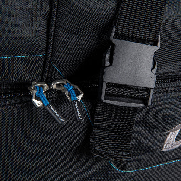 Close-up of the zippers and clips on the Champro Wheeled Umpire Bag