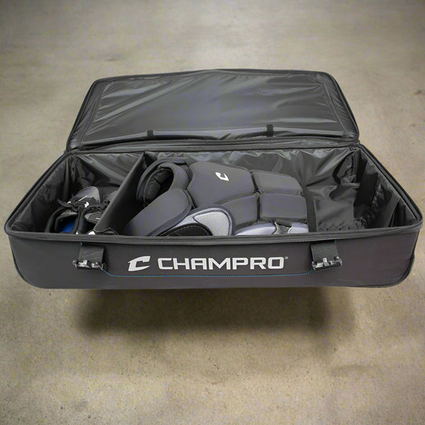 View of the inside compartments in the Champro Wheeled Umpire Bag