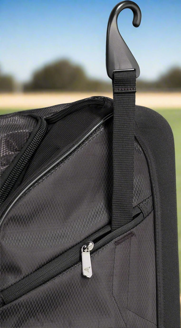 Close-up of one of the fence hooks on the Easton Wheelhouse Pro Wheeled Bag