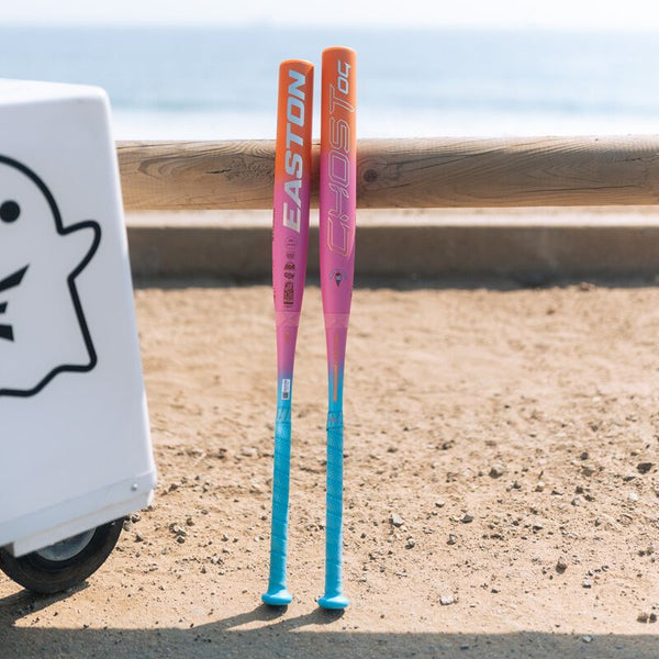 2025 Easton Ghost OG Rainbow Sherbert Fastpitch Bats near an ice cream cart