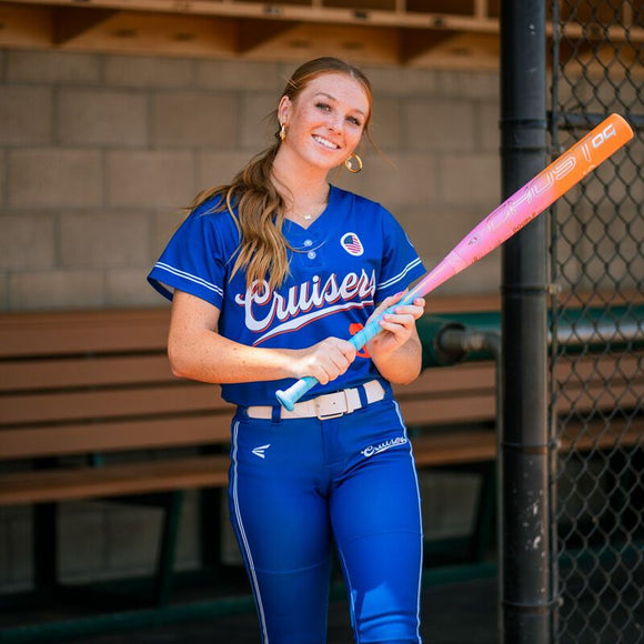 Player modeling the 2025 Easton Ghost OG Rainbow Sherbert Fastpitch Bat