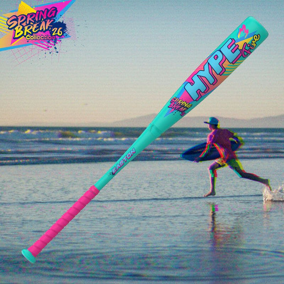 2026 Easton Spring Break Mint Hype Fire USA Baseball Bat superimposed over a young player running into the ocean