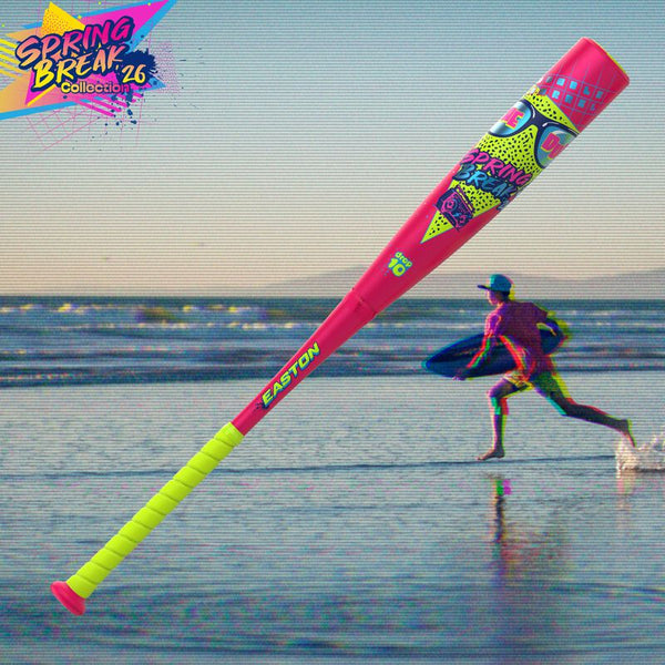 Player running on the beach with the 2026 Easton Spring Break Pink Dub USSSA -10 Baseball Bat in the foreground