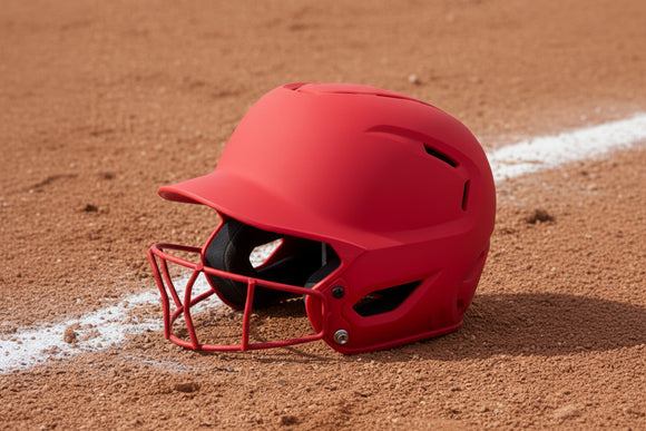 Side view of the Champro HXE Fastpitch Matte Batting Helmet - Red