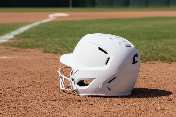 Side view of the Champro HXE Fastpitch Matte Batting Helmet - White