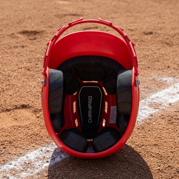 Inside view of the Champro HXE Fastpitch Matte Batting Helmet - Red