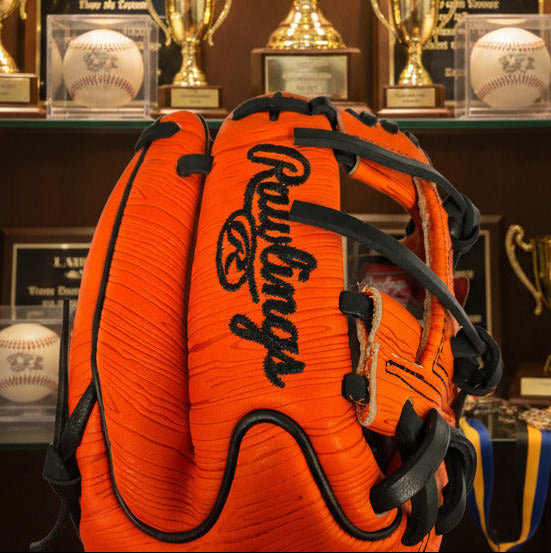 Close-up of the logo on the Rawlings Heart of the Hide March 2026 "Gold Glove Club" 11.5" Baseball Glove