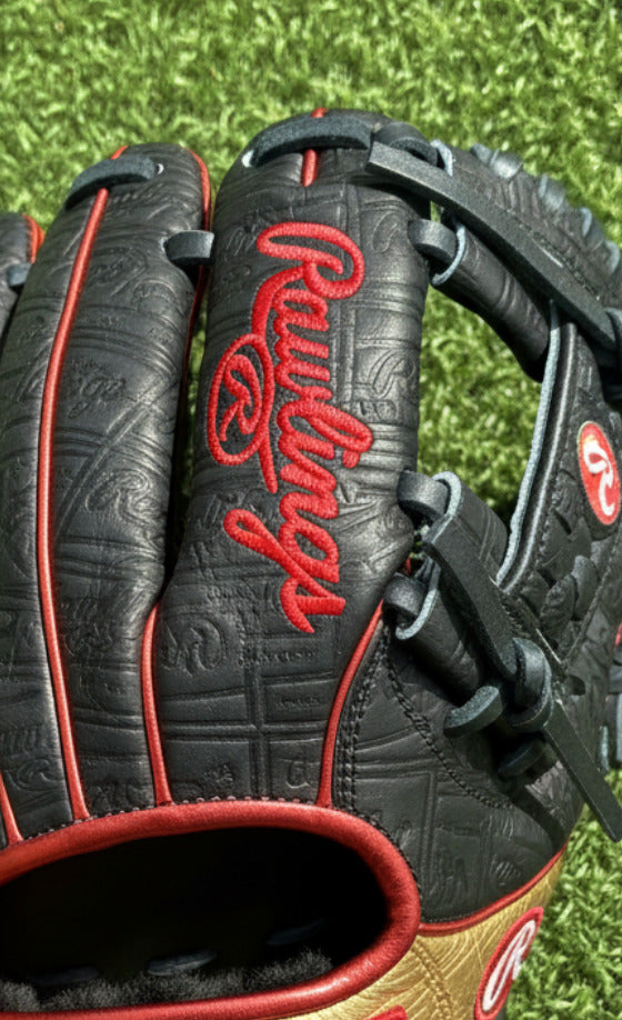 Close-up of the logo on the Rawlings Heart of the Hide June 2026 "Gold Glove Club" 11.5" Baseball Glove