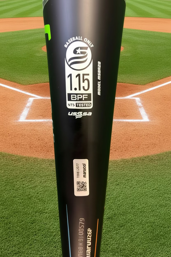 Close-up of the certification stamp on the 2027 Marucci CATX RCKLESS Gen 2 -8 Senior League USSSA Big Barrel Baseball Bat