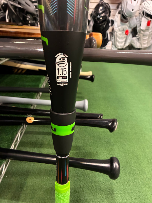Close-up of the certification stamp on the 2027 Marucci CATX RCKLESS Gen 2 Composite -8 Senior League USSSA Big Barrel Baseball Bat