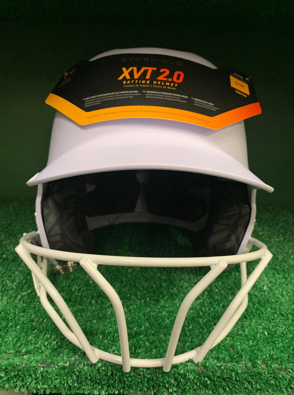Front of the Evoshield XVT 2.0 Matte Fastpitch Custom Batting Helmet - White w/ White Facemask