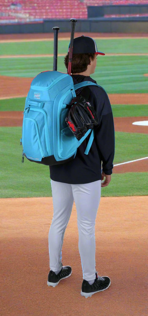 Back view of player modeling the Rawlings Legion 2 Player's Backpack