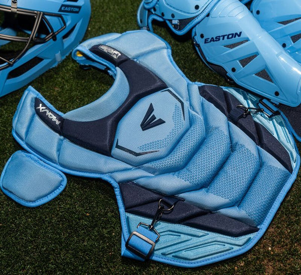 Close-up of the chest protector in the Easton MAV X Catchers Kit - Columbia/Navy