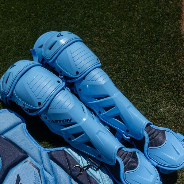 Close-up of the leg guards in the Easton MAV X Catchers Kit - Columbia/Navy