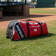 Marucci Stockade Wheeled Duffel with the wheels prominently displayed