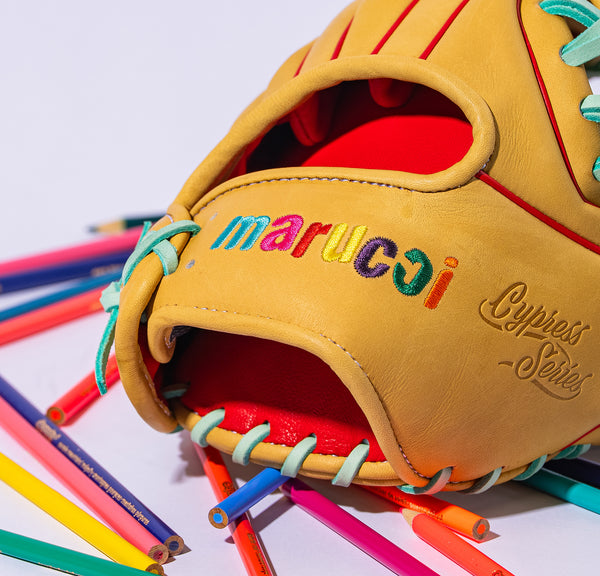 Close-up of the logo on the wrist of the Marucci Nightshift Series Coloring Book 43A2 11.5" Baseball Glove