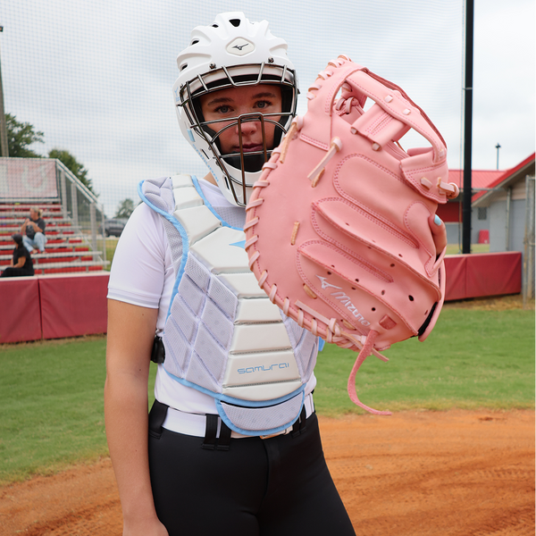 Player wearing the Mizuno MVP Prime GXS50PF5LP 34" Fastpitch Catcher's Mitt