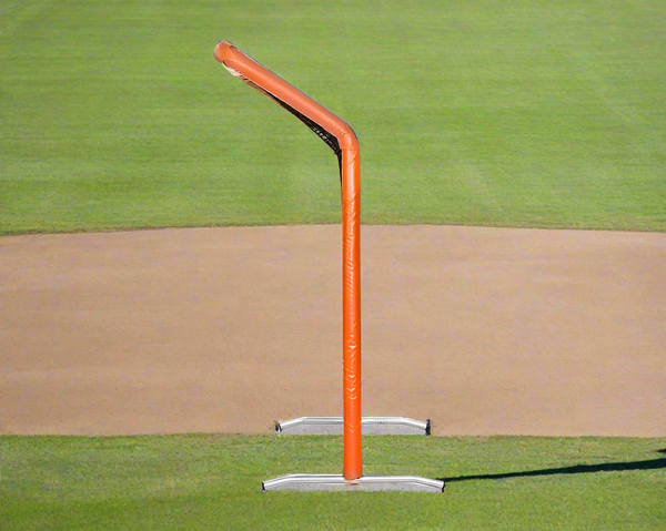 Side view of the Bullet Fastpitch Softball Screen with Overhead Protector (8' x 4') - Orange