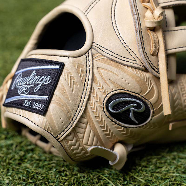 Close-up of the embossed pattern on the shell of the Rawlings Heart of the Hide PROR3039-6CCC 12.75" Baseball Glove