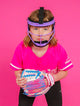 Young player in a fielding pose while wearing the Rip-It Play Ball Girls Softball Fielding Mask